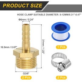 uxcell 2Pcs Brass Hose Barb Fittings, 1/4" Barb x G3/8" Male Thread Hose Connector with Hose Clamps for Water Fuel Gas Oil Transportation and Pipeline Maintenance