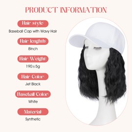 S-noilite Hat Wigs for Women White Baseball Cap with Synthetic Hair Extensions Short Wavy Wigs Adjustable Hat with Jet Black Hair Daily Wear（8Inch）