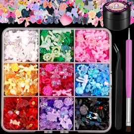 Sinyanail 9 Colors 3D Resin Nail Charms Butterfly Bear Rose Flower Bow Snake Rabbit Animal Shaped Hollow Star Heart Pearls Jewelry with Nail Charm Glue and Pickup Tools(9 Charms with Glue)