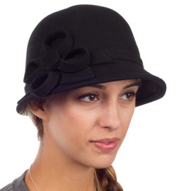 Sakkas 0121LC - Womens Vintage Style 100% Wool Cloche Bucket Winter Hat with Ribbon Flower Accent - Black/One Size