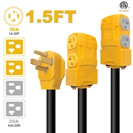 YSD 4 Prong 30 Amp to 20 Amp 110V Dryer Distribution Adapter, NEMA 14-30P to 4X5-15R/5-20R Dryer Wall Socket, 4 Prong to 4 T-Blade Household Outlet with 24Amp Circuit Breaker & ETL Listed. (1.5FT)