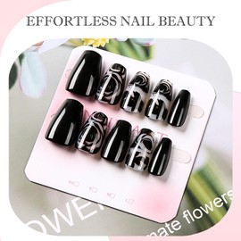 24PCS Rose Press On Nails – Shiny Black Roses with Accessories – Medium Coffin Acrylic False Nails with Accessory Tool Non-Toxic Kit for DIY Summer Manicure Quick Application for Women