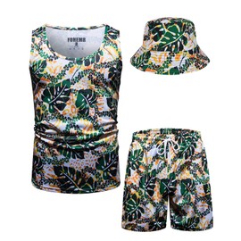 fohemr Mens Hawaiian Outfit Set Luxury Tank Top Short Set Sleeveless Flower Print Beach Outfits with Bucket Hat Green Large