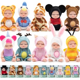 GULYMNA 10 Pcs 4 Inch Mini Reborn Baby Dolls Realistic Baby Dolls Washable Tiny Babies with Animal Clothes Cute Baby Alive Doll Gifts Set for Girls Boys Toddlers and Kids Easter Christmas Birthday