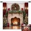 Red Curtain Christmas Fireplace Backdrop with Candlelit Wreath Holiday Photo