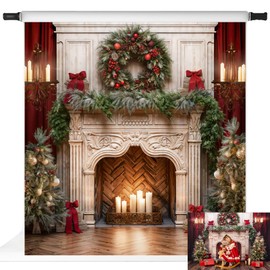 Red Curtain Christmas Fireplace Backdrop with Candlelit Wreath Holiday Photo Background Microfiber Christmas Photography Studio Props 8x8ft