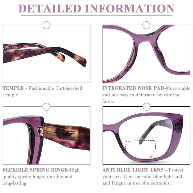 FONHCOO Bifocal Reading Glasses for Women, Blue Light Clear Top