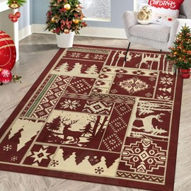 RUGSREAL Christmas Area Rug Farmhouse Decorative Area Rug Rustic Buffalo Elk Indoor Throw Rug Xmas Area Rug Boho Area Rug Washable Area Rug for Bedroom Living Room Kitchen Nursery, Red 4' x 6'