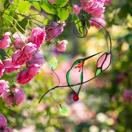 YURNZIDE Handmade Stained Glass Hummingbird Suncatcher, Window Hanging Ornament with Flower Design, Indoor Outdoor Garden Decor