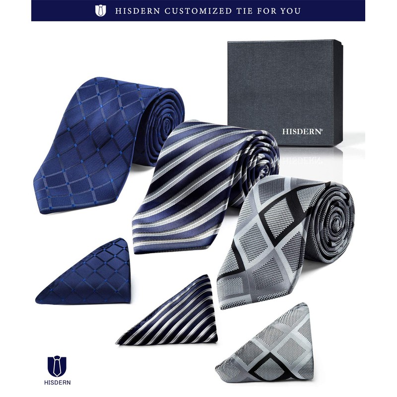 HISDERN TA3-01S Set of 3 Neckties and Pocket Squares, Luxury