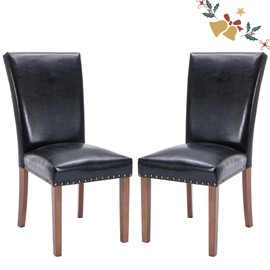 Parsons Dining Chairs Set of 2, Upholstered Nailhead PU Leather Dining Room Kitchen Side Chair with Thick Cushions and Wood Legs, Black