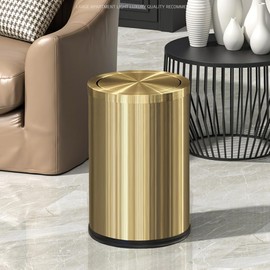 LEASYLIFE Small Trash Can with Flipping Lid，Gold Bathroom Trash can with lid，2.4gallon,Brass Trash can for Bathroom,Laundry，Hotel，Office， Laundry Room ，Metallic Gold (Single)