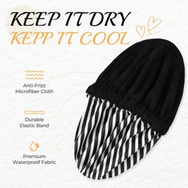 Shower Cap for Women Terry Lined Bath Cap Large Reusable Waterproof Elastic Black Stripes Shower Caps for Long Thick Hair Soft Bath Shower Hair Caps