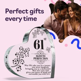 61st Birthday Plaque Gifts for Women Men - Aged to Perfection - Acrylic Heart Keepsake Gift for 61 Year Old Woman Man Her Him, 100mm x 100mm Present For Friends Family