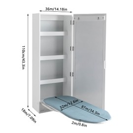 Wall Mount Ironing Board, Foldable Hiding 180° Swivel Ironing Board with 4 Spacious Storageshelve, Multifunctional Bathroom Cabinet with Mirror, White Ironing Board Cabinet