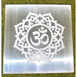 crystalmiracle Selenite 3 Inch Square OM Symbol Etched Charging Reiki Plate Crystal Healing Feng Shui Gemstone Positive Energy Wellness Handmade
