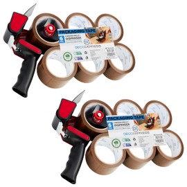 Packaging Tape Dispenser Tape Gun and 6 Rolls Parcel Tape Strong Brown Tape Fragile Tape Clear Tape Heavy Duty Tape for Packing Boxes Moving House Essentials (Dispenser Brown, 2 Pack)