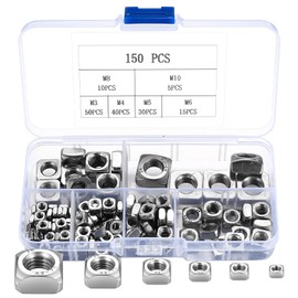 Square Nut, 150 Pieces Stainless Steel Square Nuts, Thread Nuts, M3 M4 M5 M6 M8 M10 Screw Nut Assortment Set for Wood Furniture