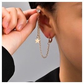 Cimenexe Bohemian Crystal Star Chain Cuff Earring Gold Star Tassel Chain Earring Cz Chain Drop Earring Rhinestone Cartilage Wrap Earring Jewelry for Women and Girls