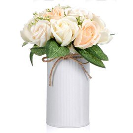 Domensi 5.91 in High Farmhouse Vase Decor Galvanized Metal Flower Vase with Twine Bow Vintage Rustic Tin Flower Buckets for Artificial Floral Table Container DIY(White,1 Pcs)