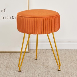 Velvet Vanity Stool, Modern Ottoman Foot Rest Stool with Adjustable Golden Legs, Makeup Chair for Vanity, Multifunctional Small Vanity Chair for Bedroom, Orange