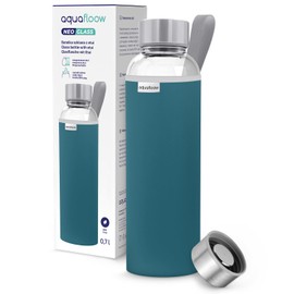 Aquafloow Borraccia con Custodia 700 ml, in Vetro borraccia acqua Borosilicato Trasparente con Coperchio Protettivo e Tappo a Vite, Ideale per Lavoro, Scuola, Fitnes – Bleu foncé