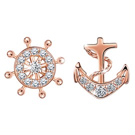 Infinite U Girls Earrings 925 Sterling Silver Cubic Zirconia Rose Gold Plated Anchor Rudder Stud Earing for Women