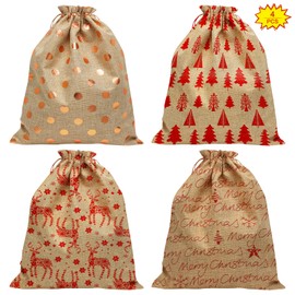 4 Pieces Christmas Drawstring Gift Bag, 30x40cm Linen Christmas Wrapping Bags Reusable Christmas Goodie Bags Medium Christmas Sack for Kids Xmas Holiday Party Favor