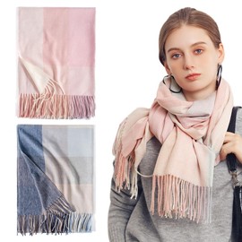JSTHHTT 2 x Women's Warm Autumn Winter Plain Cotton Scarf with Tassels / Fringes, Checked Pashmina Autumn Scarf Winter Scarf Plaid Fashion Scarf Soft Warm Premium Imitation Cashmere Scarf Women, Light
