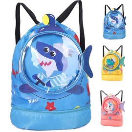 FaJoek Swimming Backpack Waterproof Children Children Gym Bag Waterproof Swimming Bags for Children Swimming Bag Children with Wet Compartment Backpack with Drawstring Children, Blue shark