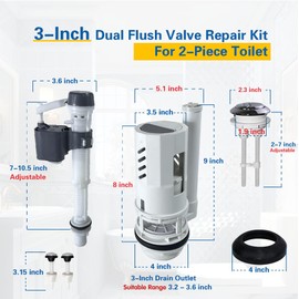 NANABIMIC 3-Inch Dual Flush Valve Replacement Kit for 2-Piece Toilets (10"-13" Tank Height) | Fits 3.2"-3.6" Drain Holes | Includes Flush Valve with 1.9" Thread Push Button, Fill Valve, Gasket, Bolts