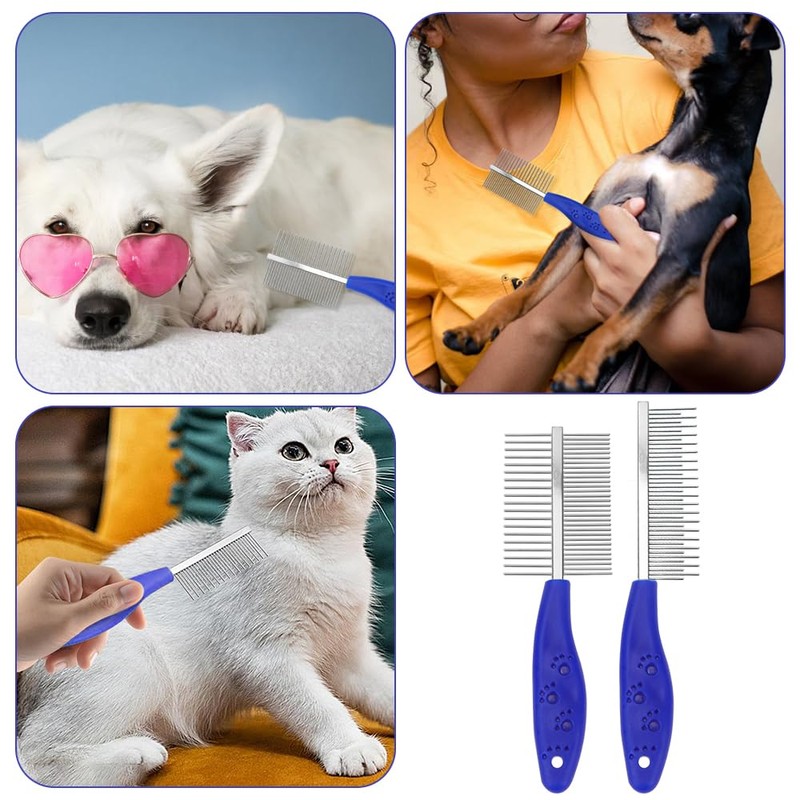 Pack of 2 Dog Combs, Cat Comb, Double-Sided Metal Rounded