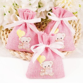 BETESSIN Pack of 24 Jute Drawstring Bags 8 x 10 cm Pink Jute Bags with Baby Bear Iron-On Transfer Pattern Small Drawstring Bags for Baby Shower Party Decoration Baby Shower Christening Guest Gift etc.