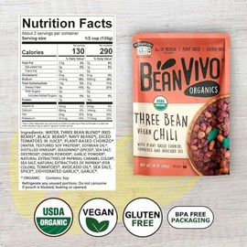 BeanVIVO (Pack of 3) Organics 16g Plant based Protein Three Bean Vegan Chili - Good Source of Fiber - Nutritious & Microwave Meals - Gluten-Free Plant Food - 10 oz