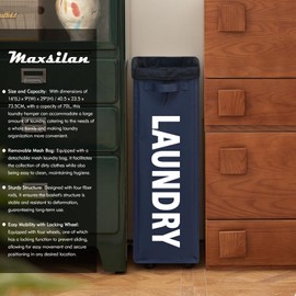 Maxsilan 29" Slim Rolling Laundry basket with Removable Bag on Wheels, 70L Collapsible Narrow Corner Laundry Hamper, Foldable Storage Bins, Dark Blue