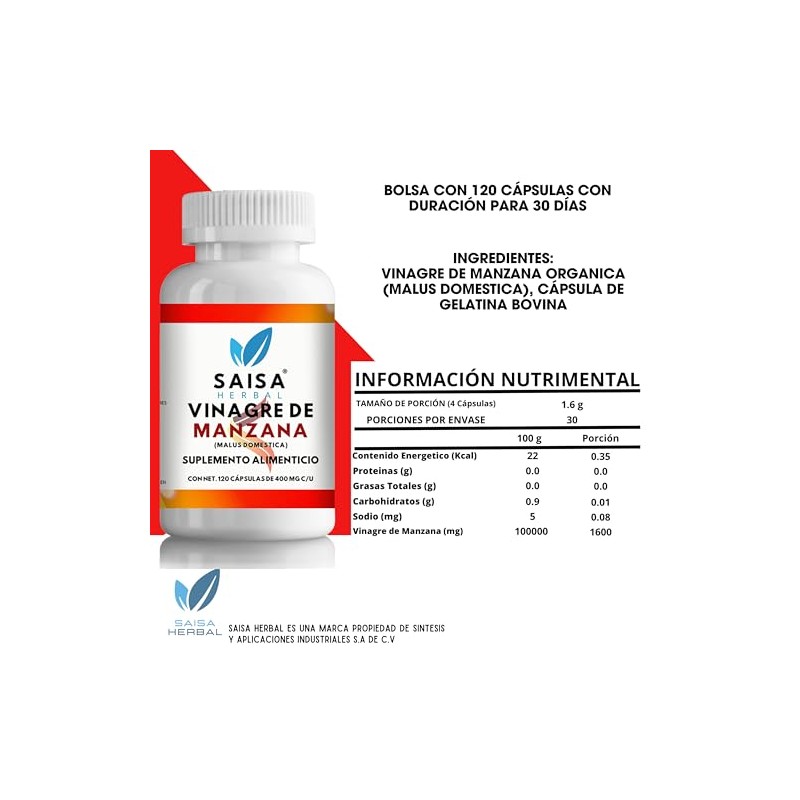 Vinagre De Manzana Orgánico 120 Cápsulas 100% Puro Premium
