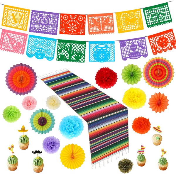 46PCS Mexican Themed Party Decorations for Fiesta Party Decorations,Cinco De Mayo Decorations Mexican Party Banner Large Plastic Papel Picado,100% Cotton Mexican Table Runner,Paper Fans,Cupcake Topper
