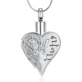Minicremation Butterfly Heart Urn Necklace for Women Stainless Steel Wings Butterfly Cremation Jewelry w/Funnel Filler Keepsake Memorial Jewelry Gifts for Women