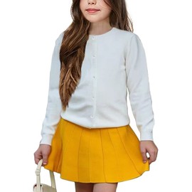 UELoop Girls' Cardigan with Crew Neck [Cute Flower Buttons] Cotton Pullover Long Sleeves Uniform for 5-14 Years Girls, #2 White