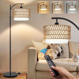 ZECOXOL Arc Floor Lamp for Living Room Boho Floor Lamps with Remote Control & with 3 Color Temperatures,Rattan Wicker Standing Lamp Dimmable Tall Floor Lamp for Bedroom Living Room Corner