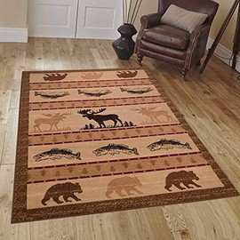 Champion Rugs Wildlife Multi-Color Rectangle Area Rug Cabin for Living, Bedroom, or Dining Room - Lodge, Novelty Bear Fish Elk (2â X 3â)