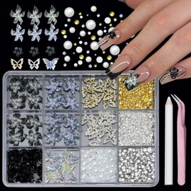 VOTACOS 200+PCS 3D Flower Nail Charms, Black Nail Gems Pearls Gold Silver Butterfly Flatback Nails Rhinestones Charms for Nails Art Design Decorations (Black)