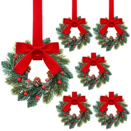 Knitgrip 6 Pcs Small Christmas Cabinet Wreaths Bulk Mini Kitchen Windows Decors with Red Bow Artificial Norfolk Farmhouse Wreaths with Red Berry Pine Cone for Fireplace Front Door Porch Wall Hanging