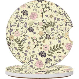 Vintage Beige Flowers Car Coasters for Cup Holders, 2 Pack Car Cup Holder Coasters for Women Men, 2.56 inch Anti Slip Insert Absorbent Ceramic Car Cup Coasters with Cork Base and Finger Notch