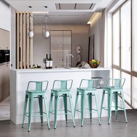 Swivel Metal Bar Stools Kitchen Counter Height Stools Industrial Barstools Set of 4 (Swivel Distressed Blue-Green Wooden, 26 inch)