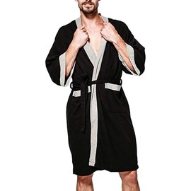 OGOUGUAN Men's Waffle Kimono Robe Cotton Lightweight Nightgowns Spa Terry Cloth Bathrobe Sleepwear with Pockets (Black-Grey, L)