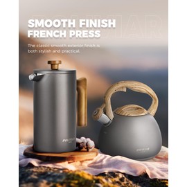 POLIVIAR French Press Coffee Maker, 34 Ounce Coffee Press with Real Wood Handle, Double Wall Insulation & Dual-Filter Screen, Food Grade Stainless Steel for Good Coffee and Tea (Cliff)