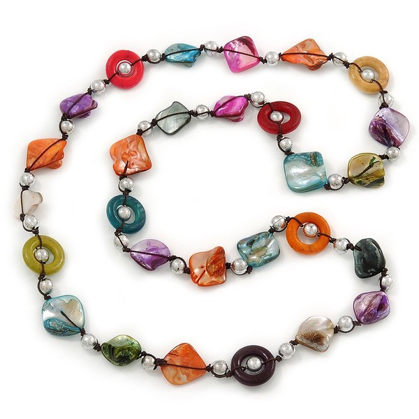 Avalaya Multicoloured Shell Nugget & Wood Bead Long Necklace -