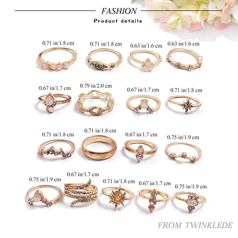 TWINKLEDE Boho Stackable Rings 17Pcs Rhinestone Finger Rings Gold Crystal