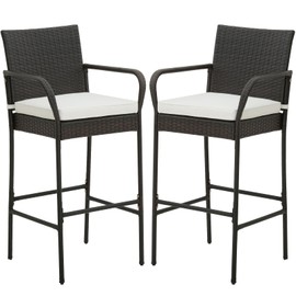 COSTWAY Wicker Bar Stools Set of 2, Patio Bar Height Chairs with Cushions, Armrests and Footrests, Outdoor Rattan Barstools for Backyard, Deck, Pool, 400 lbs Max Load (2, Mix Brown)